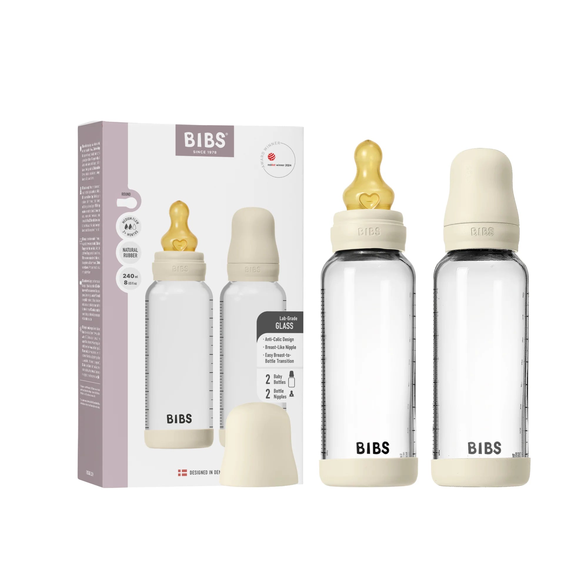 BIBS Glass Bottle Complete Set (2 Pack) 240ml Latex - Ivory