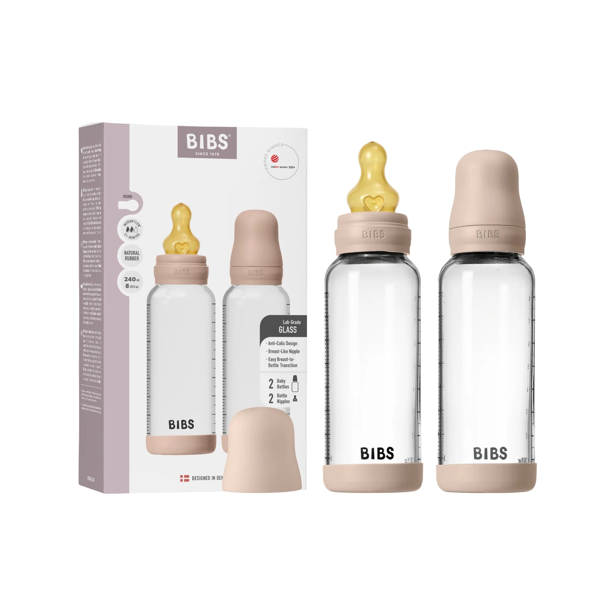 BIBS Glass Bottle Complete Set (2 Pack) 240ml Latex - Blush