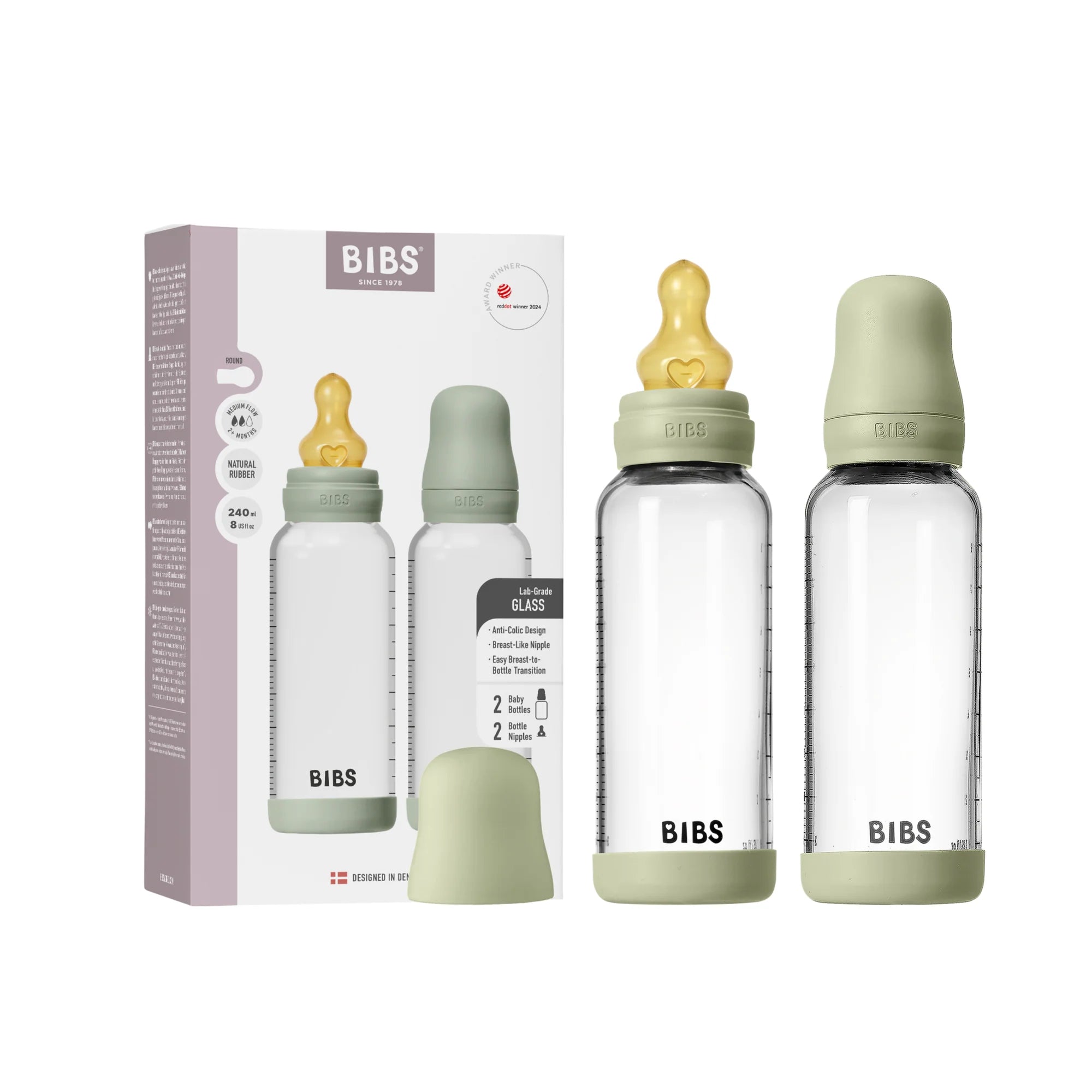 BIBS Glass Bottle Complete Set (2 Pack) 240ml Latex - Sage